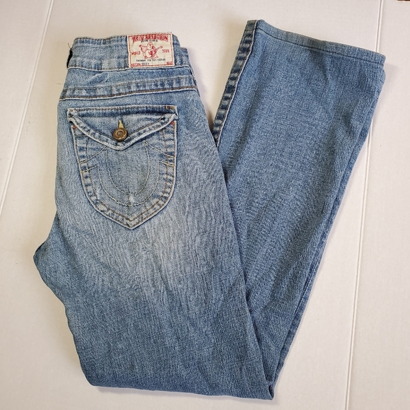 True Religion Brand Jeans Becky Whiskers Light Wash Ombre Blue Denim Size 30 Y2k - Picture 2 of 9